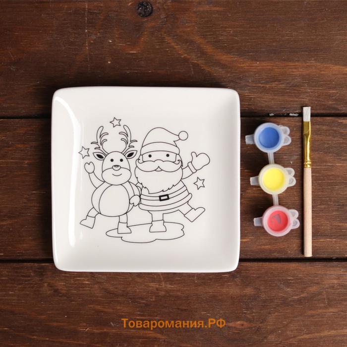 Набор тарелка под раскраску «Олень и Дед Мороз» краска 3 цв по 2 мл, кисть
