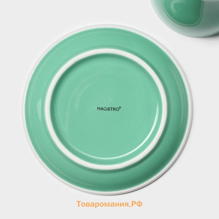 Кофейная пара фарфоровая Magistro Coffee time, 2 предмета: чашка 280 мл, блюдце d=15,5 см, цвет бирюзовый