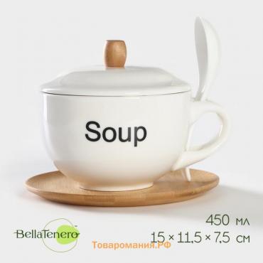 Супница фарфоровая с ложкой на бамбуковой подставке BellaTenero, 450 мл, 15×11,5×7,5 см, цвет белый